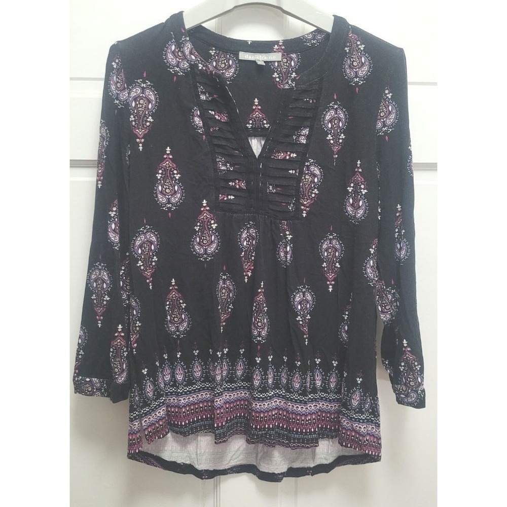 Daniel Rainn 3/4 Sleeve Hi-Low Rayon Knit Top - Black Paisley Print - XL